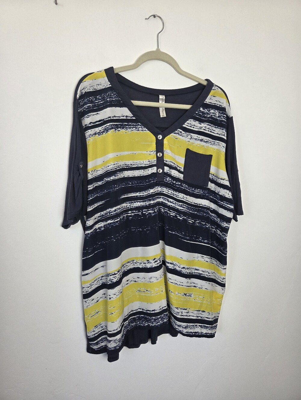 Perseption Plus Size Blouse Top 3X Navy Yellow Stripe Coastal Nautical Summer